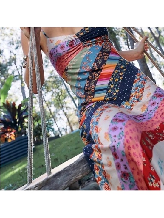 Free People Dresses & Skirts - Free People Fiona Maxi Bodycon Dress Confetti Rainbow Striped Floral Boho